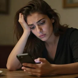 A bored and tired woman watches her smartphone while sitting at the table. closeup photo by Zhamak Fullad