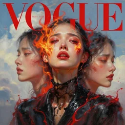 3 d, crying fashion model with opened eyes, flame, liquid black and red water, morning, vogue cover style, poster art, high detail, intricate oil painting, multiple exposure, heaven mood, hyperrealism, 3 d, by tooth wu and wlop and beeple and greg rutkowski