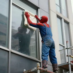 spider - man in denim overalls on scaffolding outside washes the window of a high skyscraper with a rag, household scene, realistic light, soft light, focus, depth of field, photorealism, 8 k quality, high quality, realistic style, old painting, classicism painting