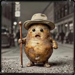 1800s daguerreotype of an anthropomorphized potato wearing a floppy hat and carrying a walking stick in a city at night