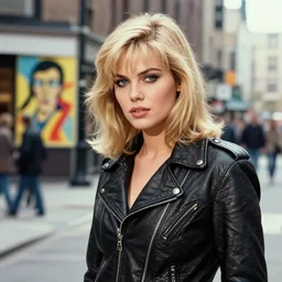 young blonde female protagonist in leather jacket, city street, artwork by ralph bakshi