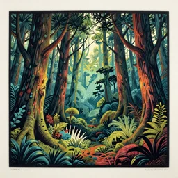 linocut print of fantasy forest, amazing art, highly detailed, color, masterpiece, by victo ngai, craig mullins