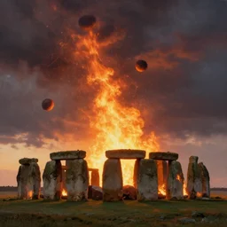 a painting of Stonehenge in a blaze of fire as asteroids shower down from the sky, dusk, cinematic lighting