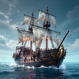 pirate ship on a magical ethereal sea, 8k, HDR, cinematic, volumetric lighting, unreal engine 5