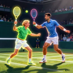 a neon painting of Richard Feynman playing tennis with Novak Djokovic at Wimbeldon lawns