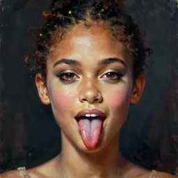 portrait of zendaya with a little alien head for a tongue, necronom v, painting by h. r. giger