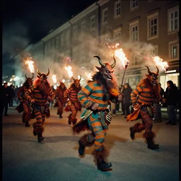 kodak portra 4 0 0, award winning dynamic photograph of a bunch of running hazardous krampus by robert capas, in muted colours, striped orange and teal, motion blur, on a street in salzburg at night with colourful pyro fire and torches