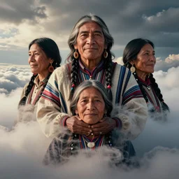 portraits of indigenous ancestors in the clouds, smiling, protection, benevolence, art by christophe vacher