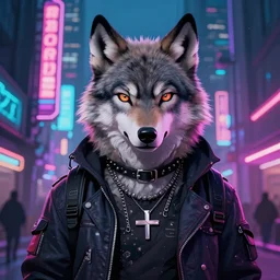 beautiful commission digital art portrait commission of an androgynous furry anthro wolf wearing punk clothes in the streets of a cyberpunk city. neon signs. made by rick griffin, miles df, fa, furraffinity