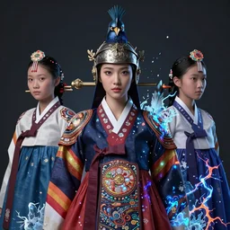 3 d warrior goddess medium shot portrait. beautiful hyperrealistic intricate highly detailed magpie helm and richly embroidered blouse, quetzalcoatl, korean hanbok, bioluminescent, curious, kintsugi, plasma, lava, ice, feather, artwork by tooth wu and chiara bautista, octane 3 d render