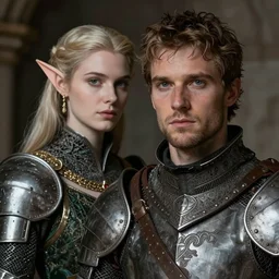 portrait of a human knight with his elven wife, fantasy, medieval, sharp focus, realistic, concept art, trending, high detail, elegant woman, intricate facial detail, masterpiece, high resolution, man, woman