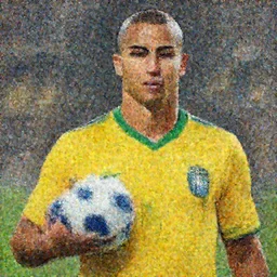 portrait of ronaldo nazario holding a soccer ball, wearing the yellow brazil soccer shirt, shaved head, painting by rembrandt, high quality, very beautiful, detailed, 4 k