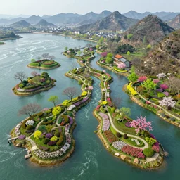 a gorgeous very early spring series of lush islands separated by flower - lined streams, twisted gardens, flower paths with stone steps, painting by barlowe wayne maxfield parrish and marco mazzoni. tree no leaf!!!! china mountain village!! very little light verdancy. ultra clear detailed. 3 d, octane render. turbulent blood lake.