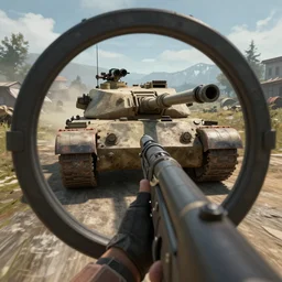 looking through the crosshairs at a tank, screenshot from'sniper elite 5'