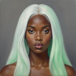 a detailed matte oil on canvas head on symmetrical portrait of black skinned woman with long white and pale green hair, clothed by charlie bowater, lise deharme, wlop, trending on artstationhd, dungeons and dragons art critical role