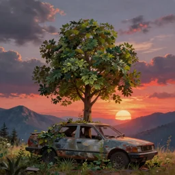 low angle shot of tree growing inside scrap car in the foreground. overgrown. soft golden red sunset over the mountains in the background. clouds. detailed leaves. hyperrealistic, highly detailed, cinematic, beautiful, cgsociety, artstation, oil painting by greg rutkowski, by artgerm, by wlop, the style of 1 9 9 0's cg graphics against the cloudy night sky, lsd dream emulator psx, 3 d rendered y 2 k aesthetic by ichiro tanida, 3 do magazine, wide shot