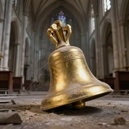 gold bell covered with dust and cobwebs crashed on the floor of an abandoned neo - gothic church, hyperdetailed, artstation, cgsociety, 8 k