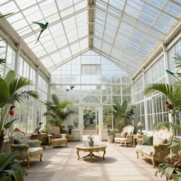 enormous greenhouse with exotic birds, fancy furniture, 19th century architecture, digital detailed matte painting