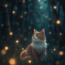 a cat in a forest at night with fireflies, trending on artstation, furry art, by kawacy, night lighting, digital art, dreamy, bokeh
