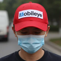 a person with a red hat that says mobileye