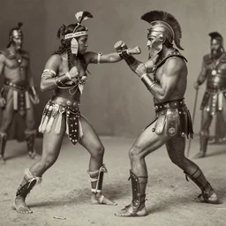 amazonian warrior woman fistfighting spartan man, brutal fight, mixed - gender fight, fighting pit, sparta, daguerreotype photograph