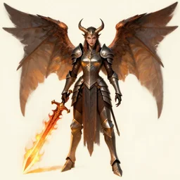 a female winged gargoyle woman with a flaming sword, plate armor, fantasy, concept drawing