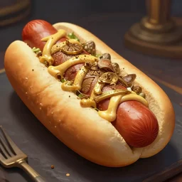 american hotdog product photography close up advert, deep focus, d & d, fantasy, intricate, elegant, highly detailed, digital painting, artstation, concept art, matte, sharp focus, illustration, hearthstone,