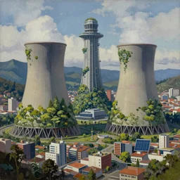 Nuclear Nature Solarpunk harmony; the  mountains and city are towered over by giant nuclear power plants covered with foliage; by Oswaldo Moncayo;  by Simon Stålenhag, oil on canvas; Art Direction by James Cameron; Location: Quito Ecuador 4K, 8K; Ultra-Realistic Depth Shading