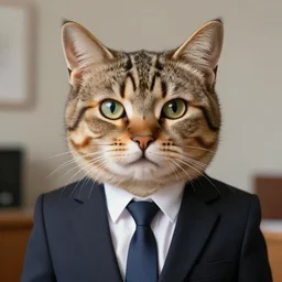 portrait of a business cat, super detailed, hyper realism, sharp focus, stylized, boxart, octane, medium shot