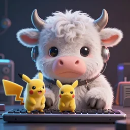 high quality 3 d render very cute neuromancer fluffy! mutant cow playing! keyboard, highly detailed, unreal engine cinematic smooth, in the style of blade runner & detective pikachu, hannah yata charlie immer, moody light, low angle, uhd 8 k, sharp focus
