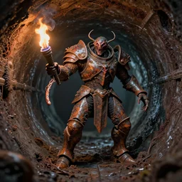airbrush macro insect viscera | as god |, curved rust chaos dystopic armor, wedged in necrotic metal sewer tunnel, chris foss, ian miller, enric torres, alberto bontempi, feng zu hyper realism, narrative light, muted colors, epic, hyper detailed, awe inspiring, award winning horror, torch lighting, hyper realism, cinematical