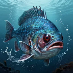 portrait of humanoid deep sea fish, horrific eyes, splashed of water, evil, intense, an ultrafine hyperdetailed illustration by kim jung gi, irakli nadar, sharp focus, bright colors, destiny 2, fantasy, d & d, epic monster, unreal engine 5, global illumination, radiant light