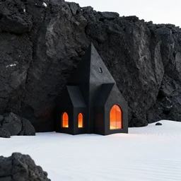 tall black geometric house, embedded in lava cliff, full view, black house, molten metal house, minimal, rippled white landscape, dwarven architecture, light from molten iron, octane render, hyper realistic, 8 k, octane render,