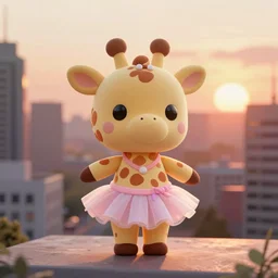 a cute cartoon giraffe toy, wearing a ballet skirt, in the center of city, sunset, unreal engine, vray, 4 k