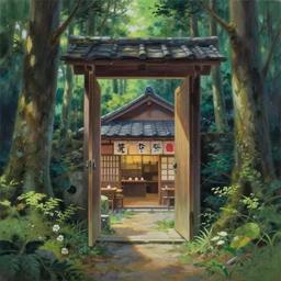 a detailed oil painting in the style of anime of a forest with an open door that leads to a Japanese restaurant