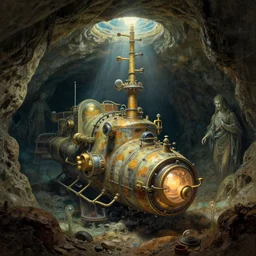 Cave submarine, lit by the light of gods, abandoned by gods, hyper detailed, artstation, cgsociety by greg rutkowski and by Gustave Dore