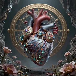 biocomputer heart in intricate veils and storms with intricate jewels and intricate branches,  on an epic  oroboros, behind a large and detailed sculpted astrolabe, inside a cave with  biomechanical flowers, dramatic atmosphere, Diffused lighting, highly detailed digital art, trending on artstation, depth of field