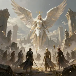 The epic battle of elves and angels on the ancient ruins, elegant, volumetric lighting, digital painting, highly detailed, artstation, sharp focus, illustration, concept art, ruan jia, steve mccurry