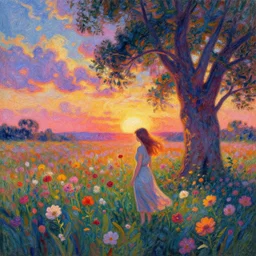 girl merging with flower, standing in a flower field, big trees, sunrise dramatic light, impressionist painting, colorful clouds, digital painting, pointillism, artstation, simon stalenhag