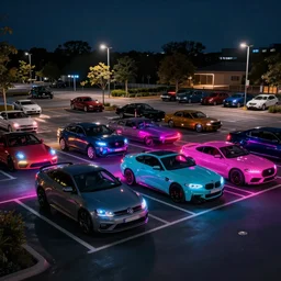 a neon lit car meetup in a parking lot at nigh time in August, photorealistic