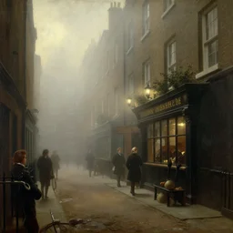 1 9 th century london, shady alleys, pub, thick fog, coherent composition, art by caspar david friedrich, thomas lawrence, john martin