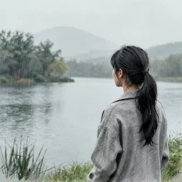 a sketch drawing, she looks at the lake, it's raining, trending on artstation
