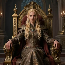 the elder scrolls vi, charismatic regal blonde high elf female jarl, portrait, exquisitely designed throne room, atmospheric lighting, painted, intricate, volumetric lighting, beautiful, daytime, slight overcast, sharp focus, deep colours, ultra detailed, by leesha hannigan, ross tran, thierry doizon, kai carpenter, ignacio fernandez rios