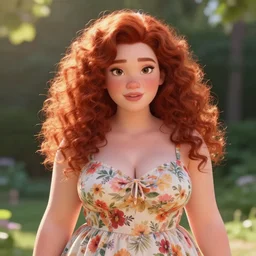 film photography of a gorgeous red haired woman with big curly hair and freckles, curvy figure wearing dress with flower print, Pixar CGI , octane render, sharp details, bloom, 8k resolution, OLED