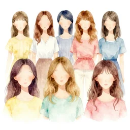 females standing with different hairstyles, watercolored, colorful