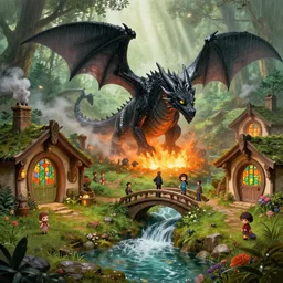 a huge shiny black dragon is attacking and burning medieval hobbit homes, centered, ornate, beautiful, atmosphere, vibe, mist, smoke, chimney, rain, well, wet, pristine, puddles, waterfall, clear stream, bridge, orange, green, stained glass, forest, flowers, concept art illustration, color page, 4 k, tone mapping, doll, akihiko yoshida, james jean, andrei riabovitchev, marc simonetti, yoshitaka amano, digital illustration, greg rutowski, volumetric lighting, sunbeams, particles, rembrandt