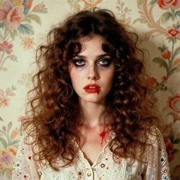 a beautiful but sinister girl in layers of fear, with haunted eyes and curly hair, 1 9 7 0 s, seventies, floral wallpaper, delicate embellishments, a little blood, crimson, painterly, offset printing technique, by irving penn