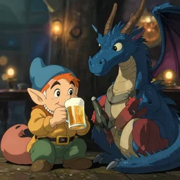 a dwarf and his pet dragon drinking a beer together | gapmoe kuudere moody lighting stunning bokeh highlights sharp contrast | trending pixiv fanbox | by greg rutkowski makoto shinkai takashi takeuchi studio ghibli