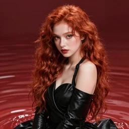 portrait of girls with long red hair in black dress, under red water, very beautiful style, girl wrapped in black leather, photorealism, edgard maxence,