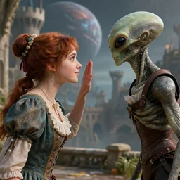 detailed, sharp, a girl curtseying to an humanoid alien, wearing 1850s era clothes, in a castle on an alien planet, extremely highly detailed, hyperrealistic, highly detailed faces, octane render, 8k, good lighting, in color